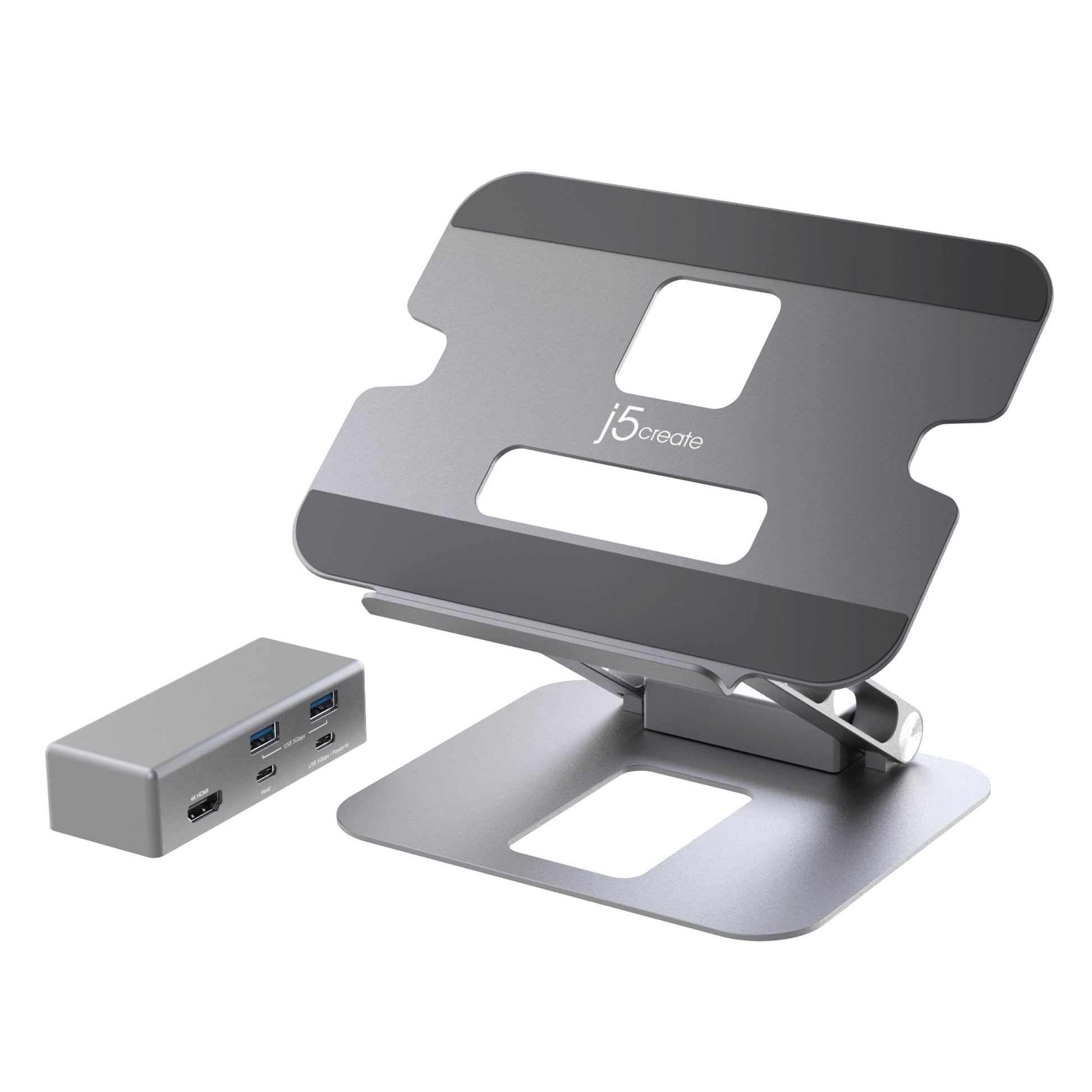 j5create Laptop-Ständer – bis 16", HDMI, integrierter USB-Hub – Grau