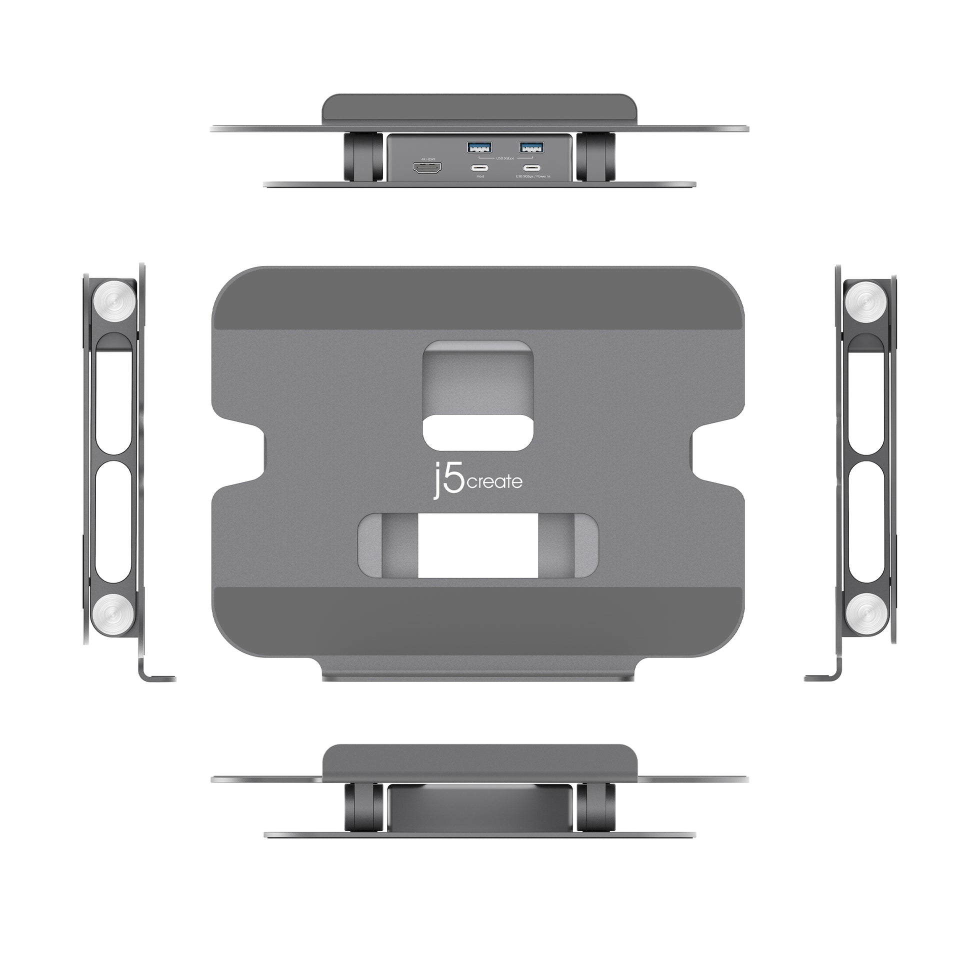 j5create Laptop-Ständer – bis 16", HDMI, integrierter USB-Hub – Grau