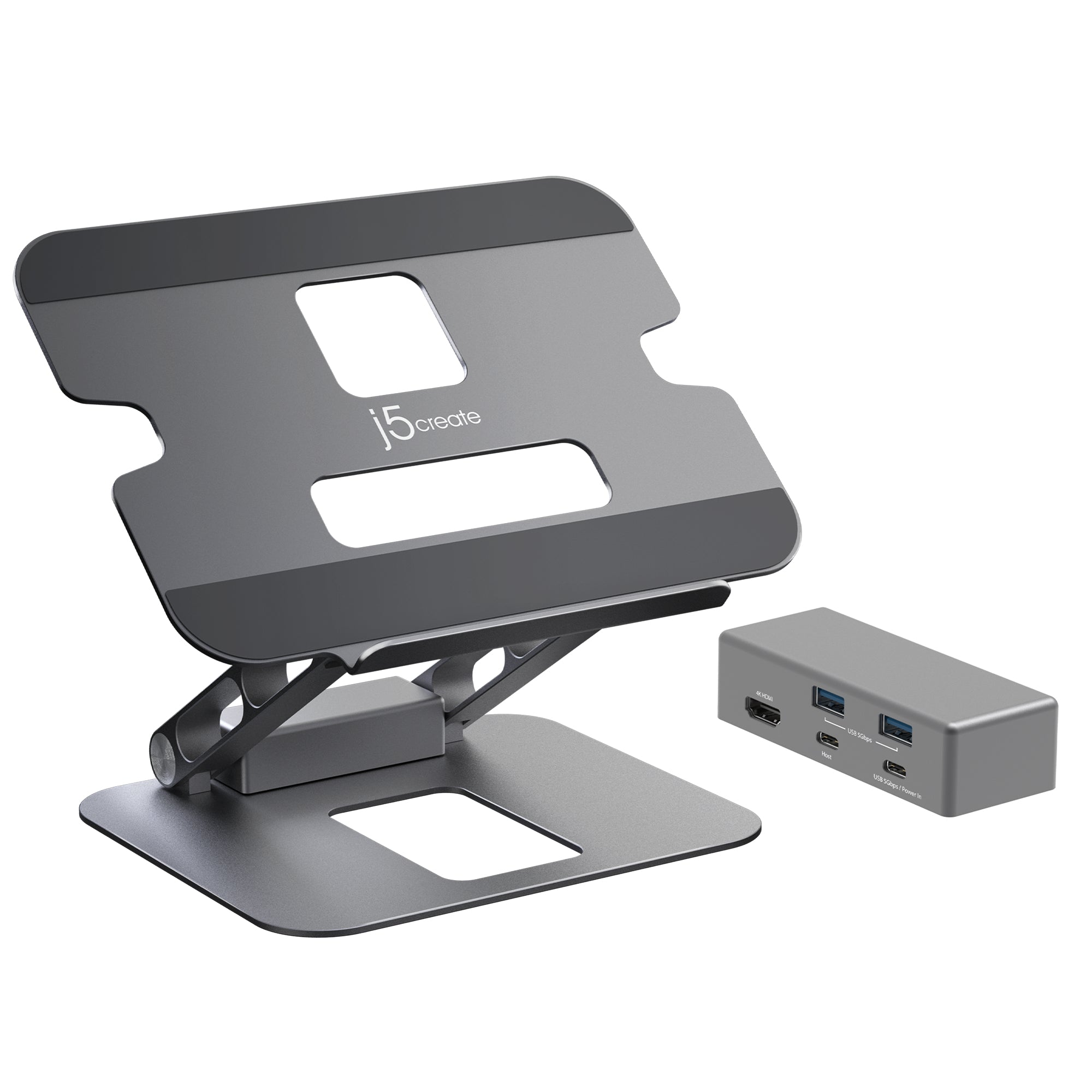 j5create Laptop-Ständer – bis 16", HDMI, integrierter USB-Hub – Grau
