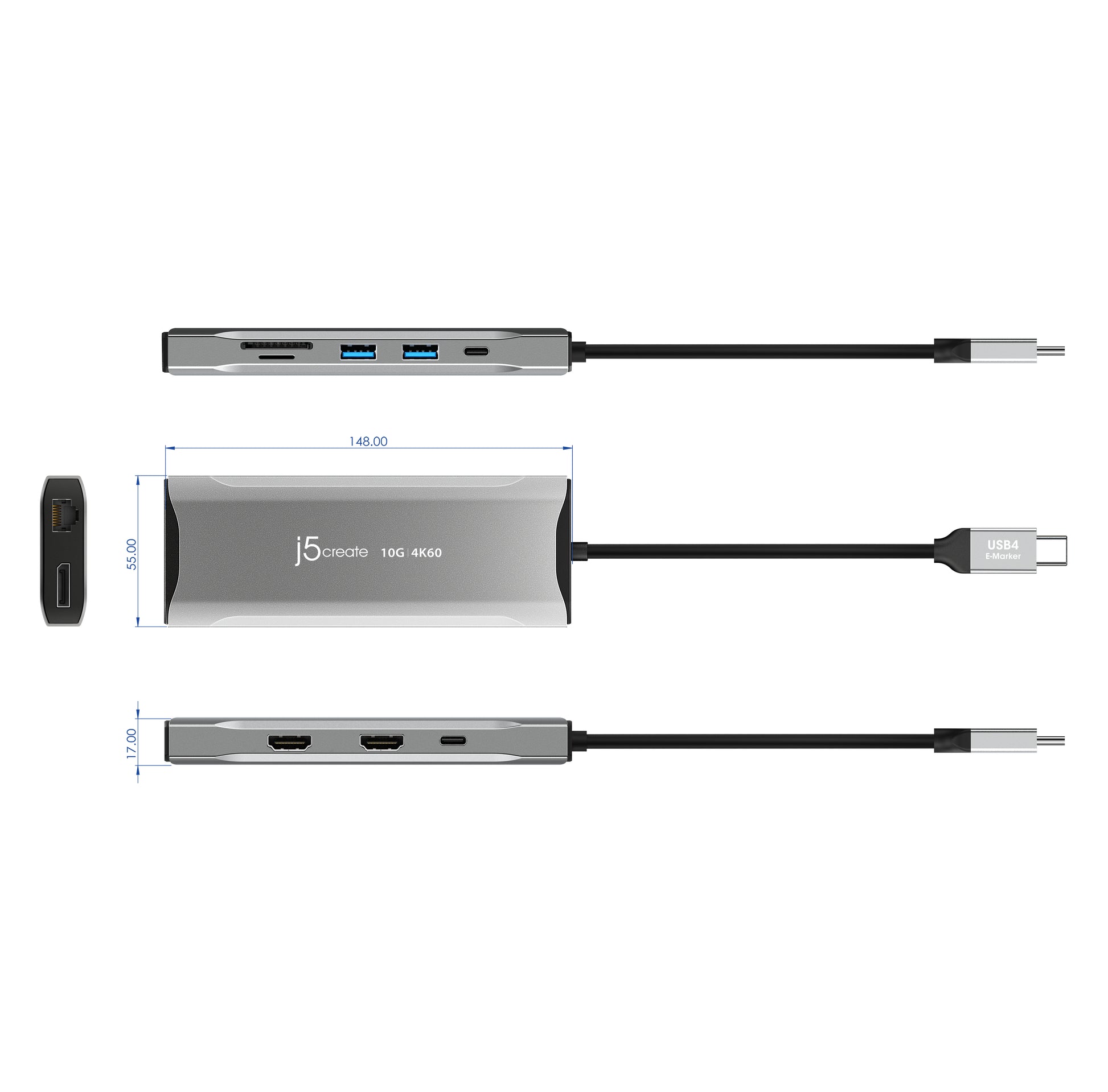j5create JCD397-N Dockingstation – USB-C, 1× DP, 2× HDMI, 2× USB-A, 2× USB-C, 100 W PD, GbE, für Windows/Mac