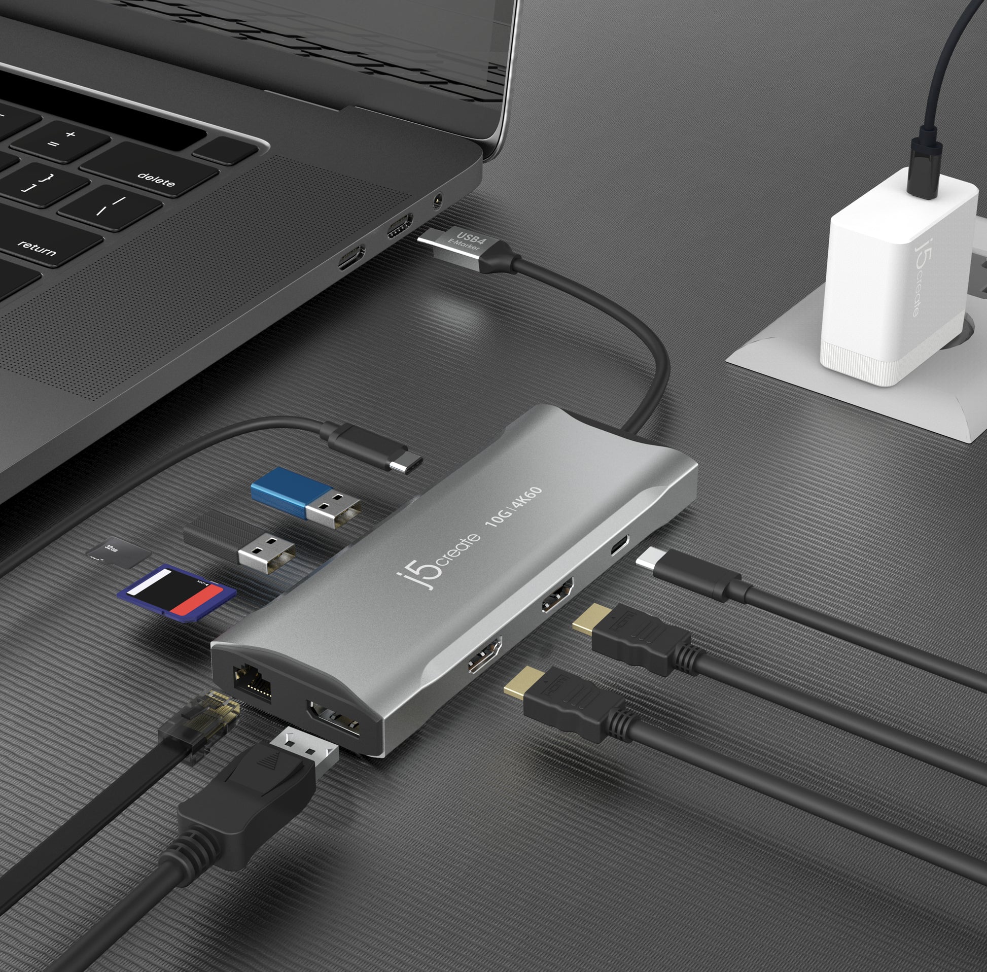 j5create JCD397-N Dockingstation – USB-C, 1× DP, 2× HDMI, 2× USB-A, 2× USB-C, 100 W PD, GbE, für Windows/Mac