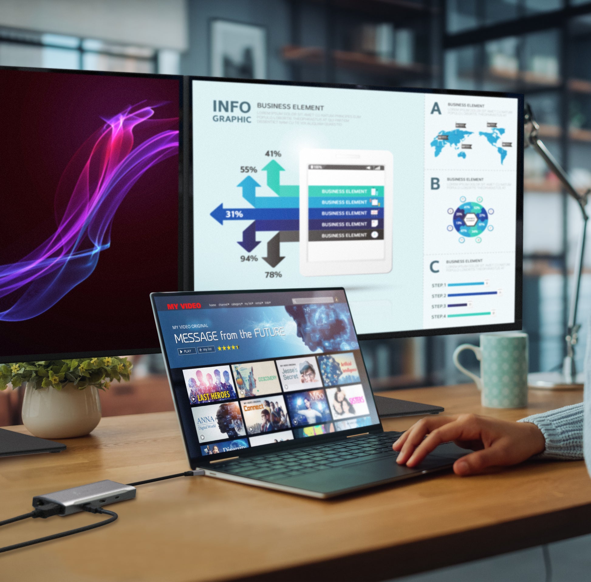 j5create JCD397-N Dockingstation – USB-C, 1× DP, 2× HDMI, 2× USB-A, 2× USB-C, 100 W PD, GbE, für Windows/Mac