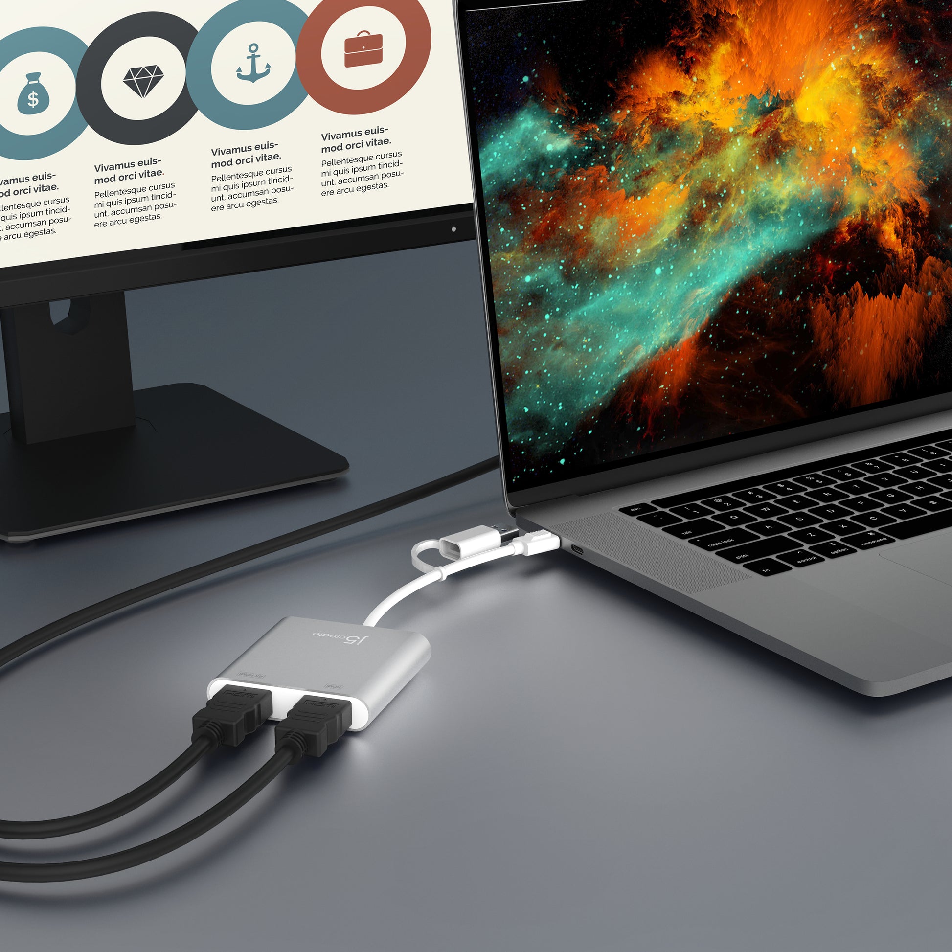j5create JCA365-N Multi-Monitor-Adapter USB-C zu 2× HDMI – 4K (3840 × 2160) @ 30 Hz, 0,2 m, für Windows/Mac