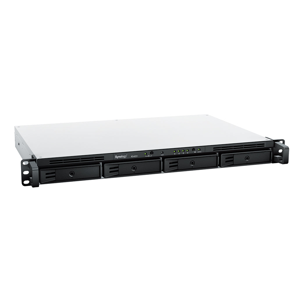 Synology RS422+ – 4-Bay Rack 1U NAS – AMD Ryzen R1600, 2 GB RAM, 1GbE, DSM, für 2,5"/3,5" HDD/SSD, SATA