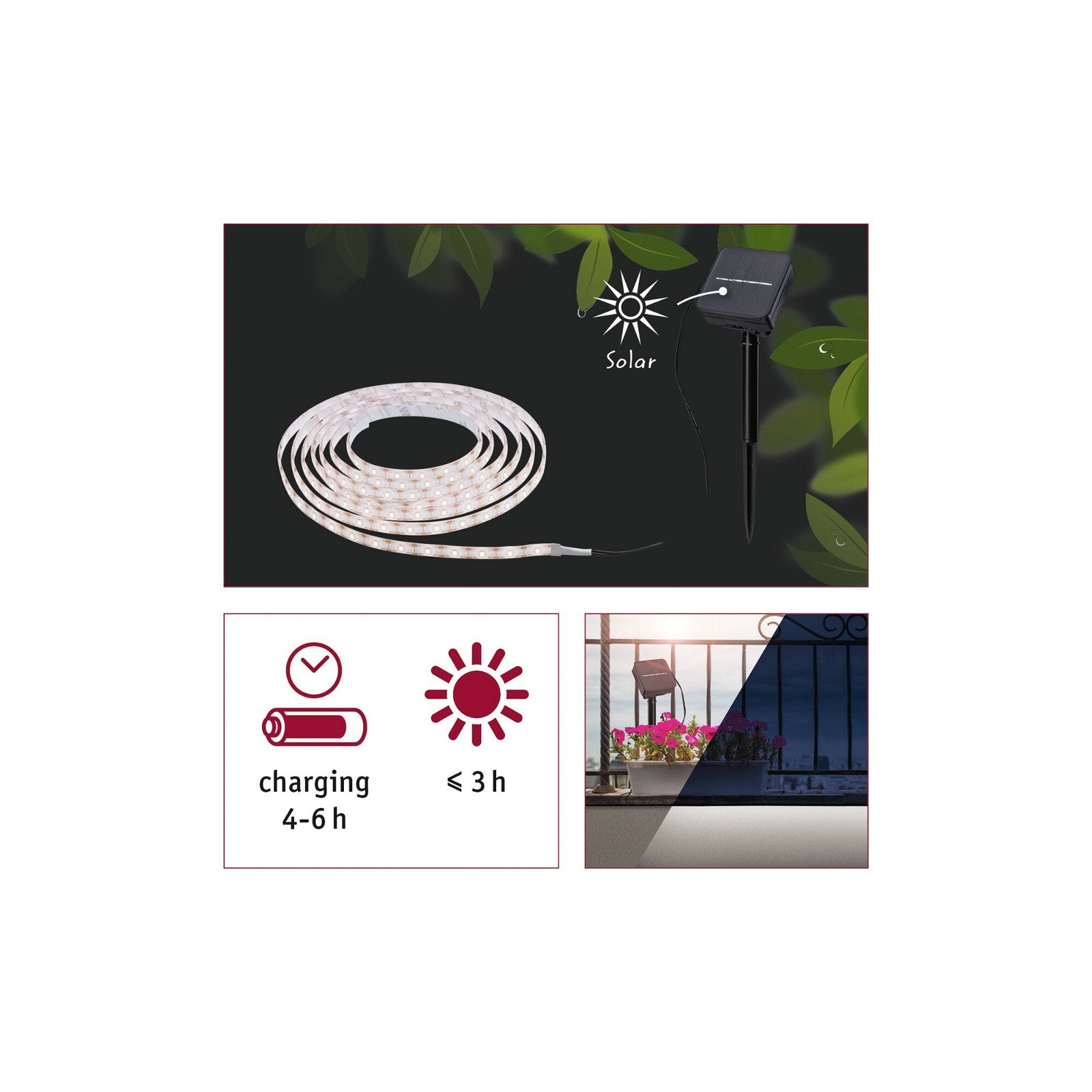 Paulmann LED-Streifen Aussen – 2700 K – IP44 – Akku & Solar – Dämmerungsautomatik – Schwarz – Kunststoff