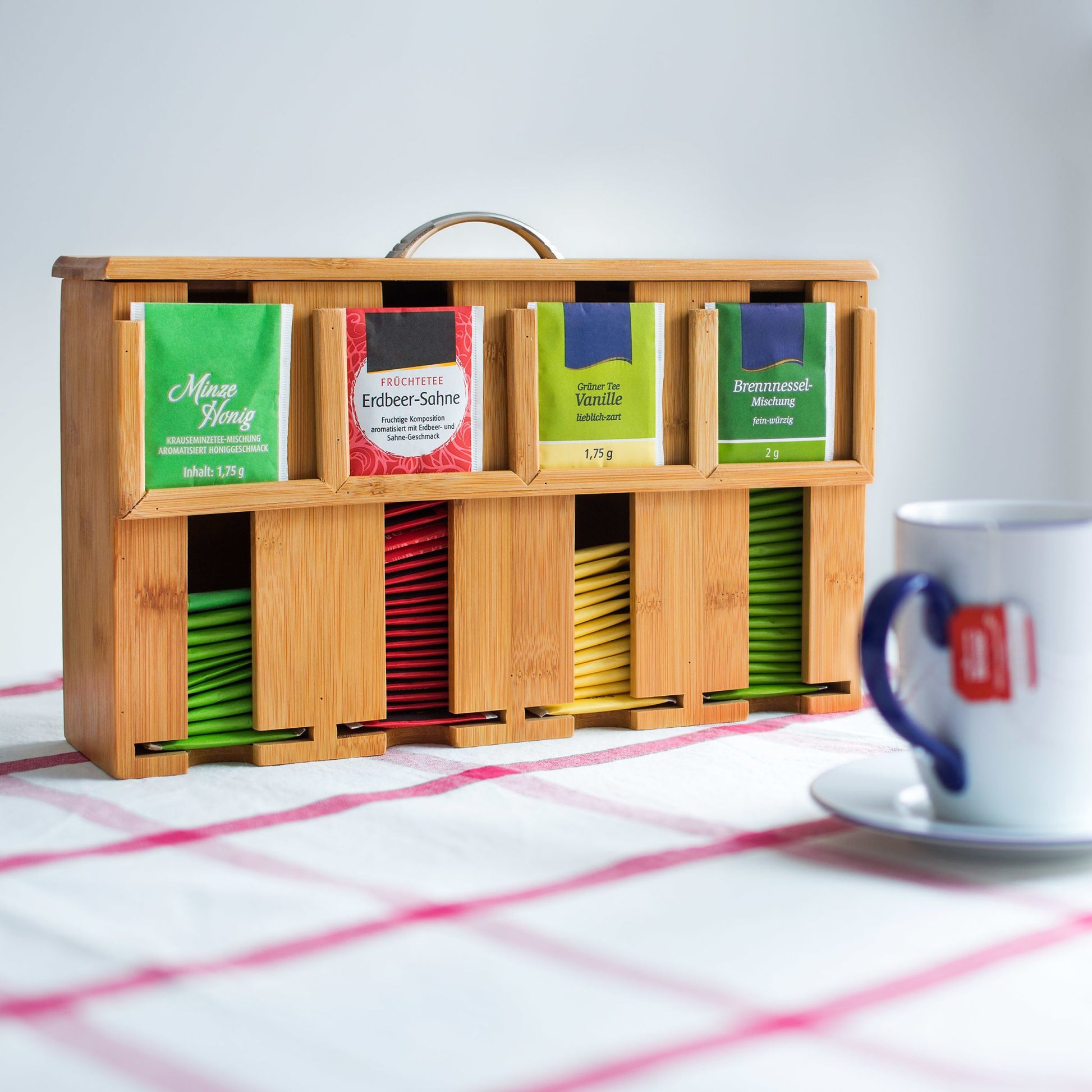 Relaxdays Teebeutelbox Bambus, 4 Fächer, 33,5 × 10 × 22 cm, Hellbraun