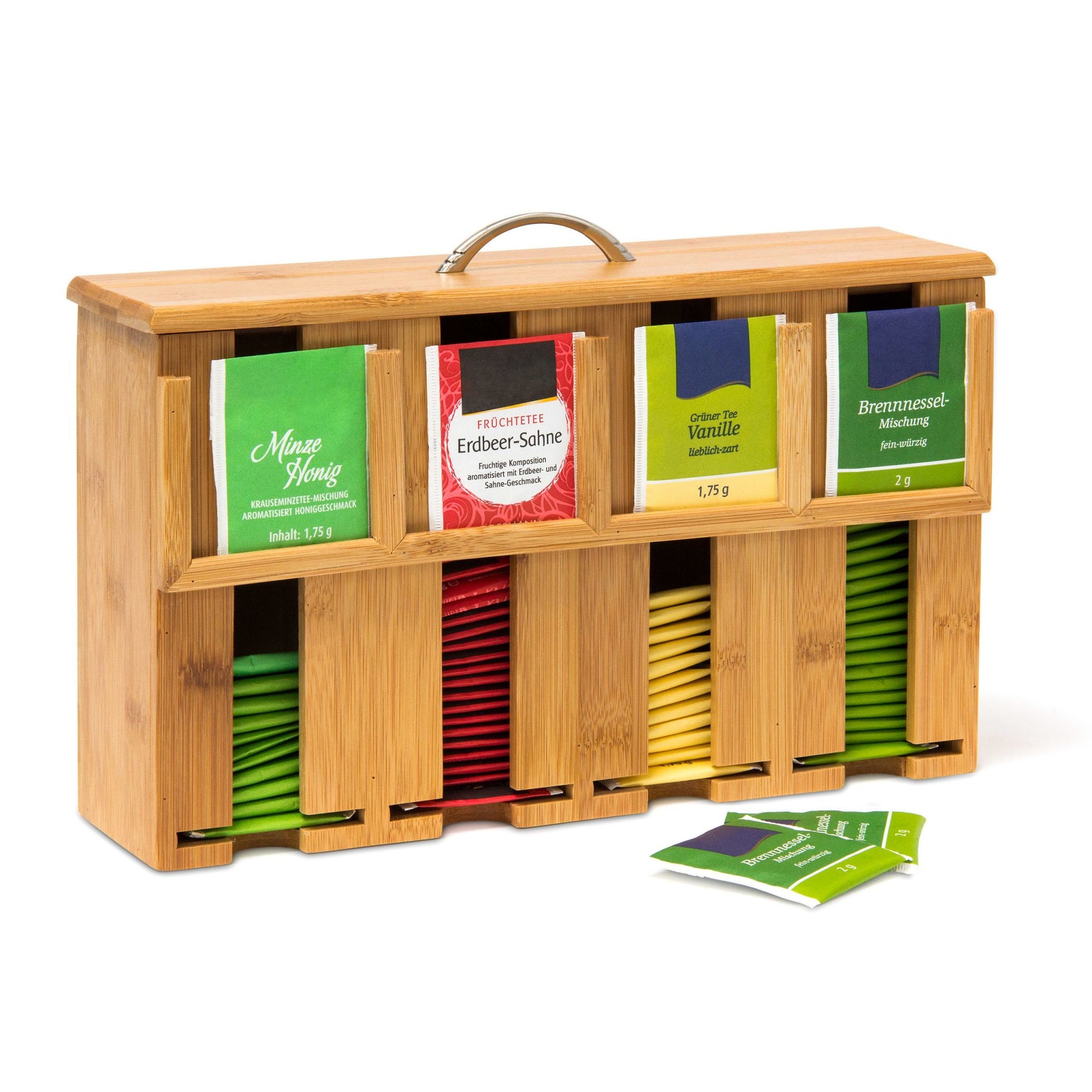 Relaxdays Teebeutelbox Bambus, 4 Fächer, 33,5 × 10 × 22 cm, Hellbraun