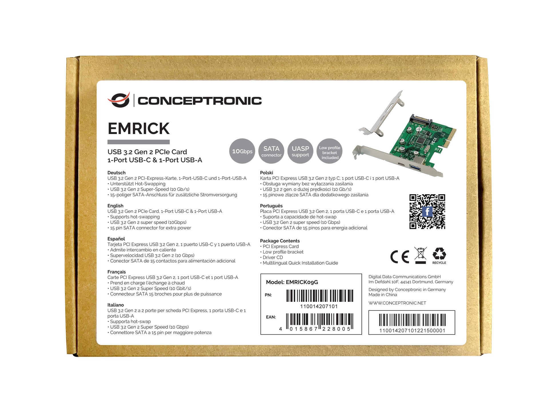 Conceptronic EMRICK09G – PCIe USB-Karte – 1×USB-C 10 Gbit/s, 1×USB-A 10 Gbit/s, PCIe 3.0, SATA 15-Pin