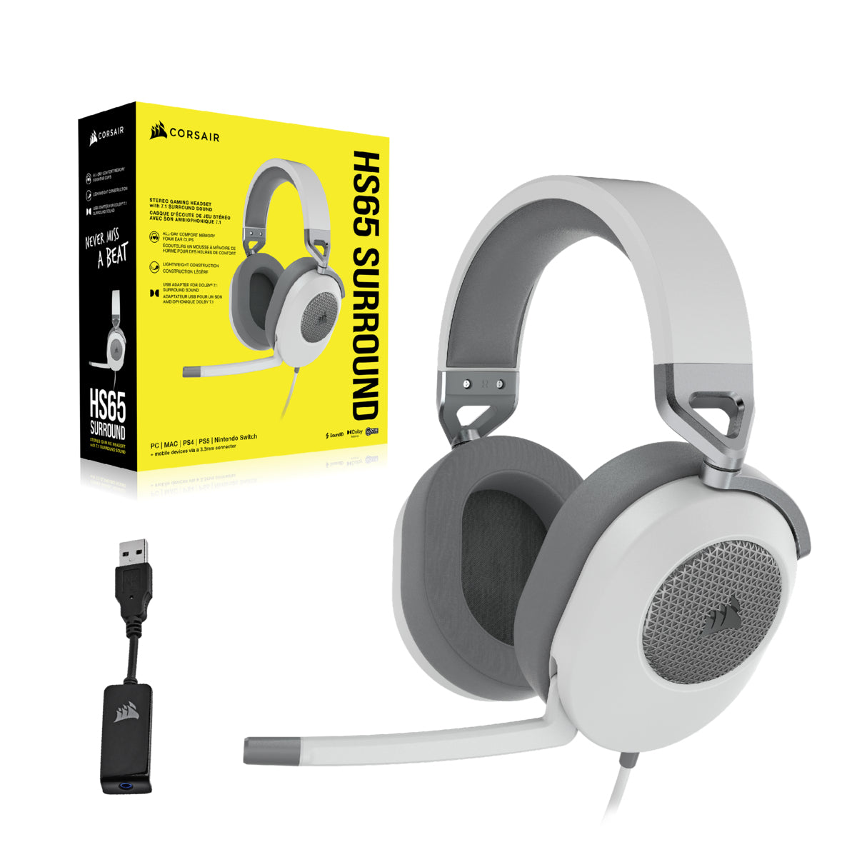 Corsair HS65 Surround – Gaming-Headset, kabelgebunden, 7.1, für PC, Boom-Mikrofon, Weiss