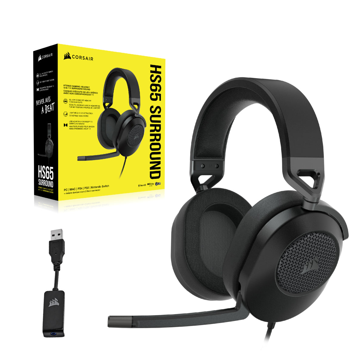 Corsair HS65 Surround Carbon – On-Ear Gaming-Headset – 3,5 mm, abnehmbares Mikrofon