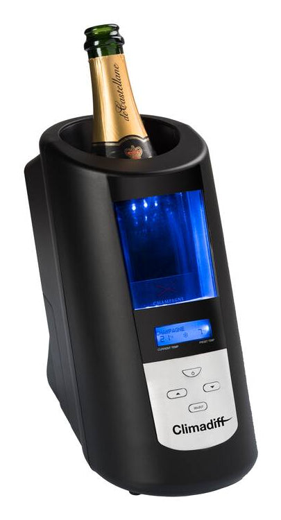 Climadiff Weinkühler ECHANSON2 – 13,5 × 26,5 × 24,5 cm, Schwarz, für 1 Flasche, 5–18 °C, Innenbeleuchtung, Dis