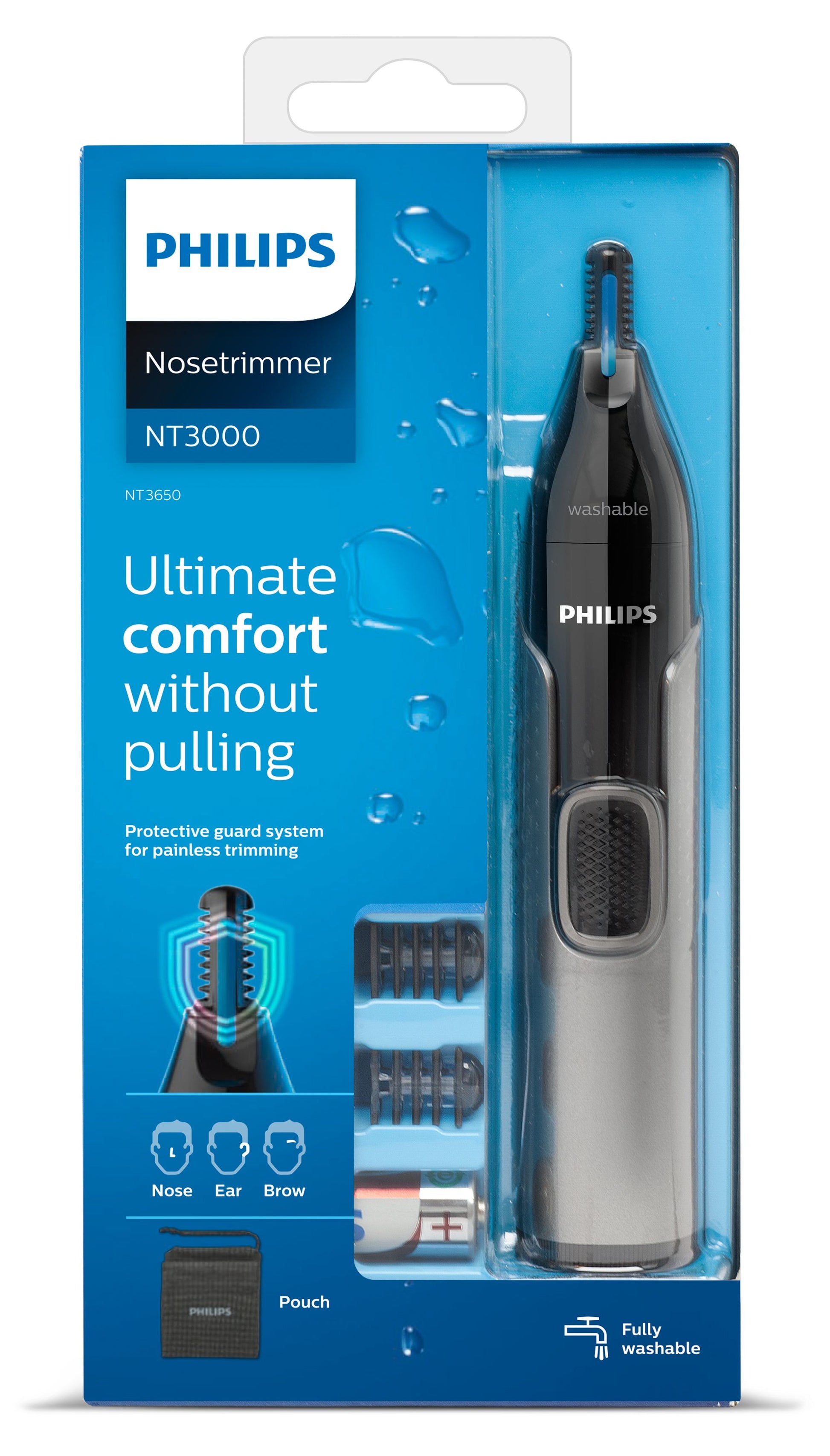 Philips Nasen- & Ohrenhaartrimmer NT3650/16 – batteriebetrieben, 1 × AA, wasserfest – grau, Edelstahlmesser