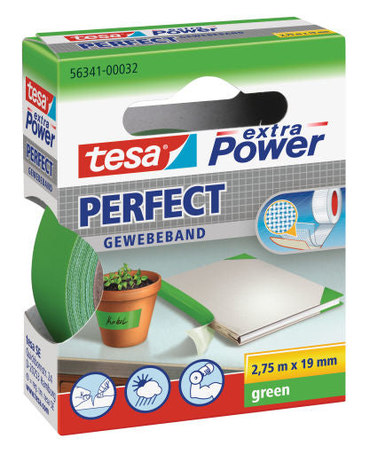 TESA Gewebeband extra Power Perfect – permanent, strukturiert, 19 mm × 2,75 m, grün