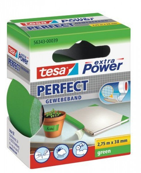 TESA Gewebeband Extra Power Perfect – permanent, strukturiert, 38 mm × 2,75 m, grün, Kern Ø 26 mm