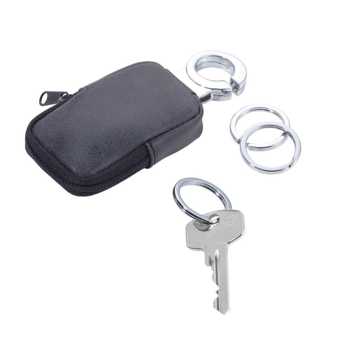 TROIKA Schlüsselanhänger Clean Click – mit Münzfach, Metall/Kunstleder, Schwarz/Silber, 125 × 55 × 20 mm