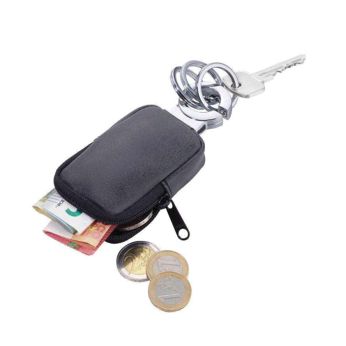 TROIKA Schlüsselanhänger Clean Click – mit Münzfach, Metall/Kunstleder, Schwarz/Silber, 125 × 55 × 20 mm