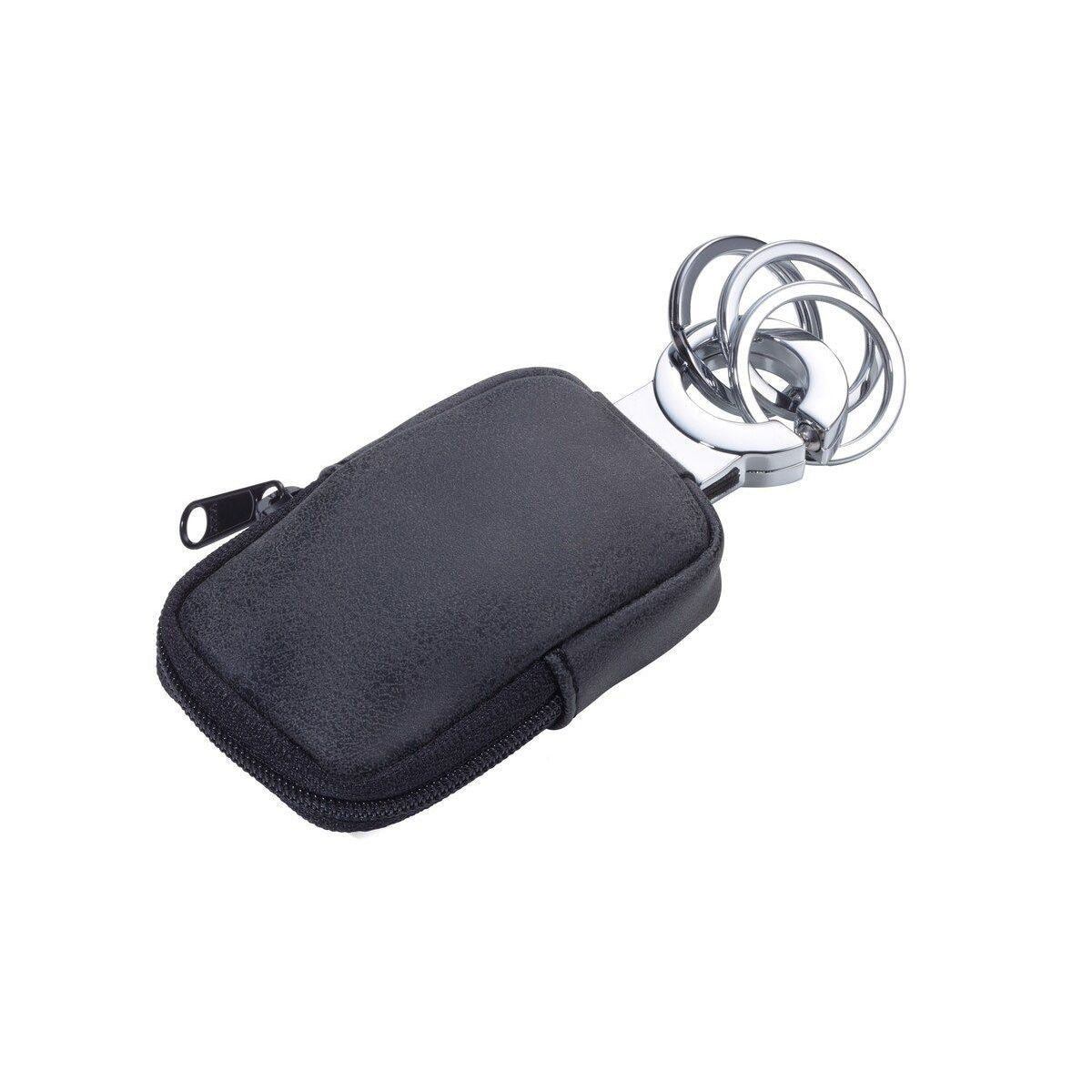 TROIKA Schlüsselanhänger Clean Click – mit Münzfach, Metall/Kunstleder, Schwarz/Silber, 125 × 55 × 20 mm