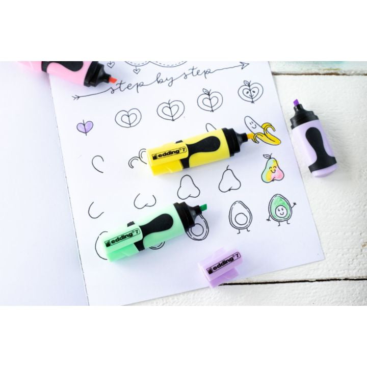 Edding 7 Mini Textmarker – 4er Set, Farben: Hellblau/Hellgrün/Hellrosa …, Keilspitze 1–3 mm