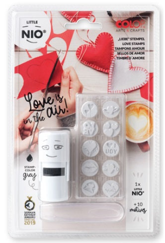 Colop Little NIO Rundstempel – Liebe, selbstfärbend, 10 Motive, Ø 17 mm, grau, englisch