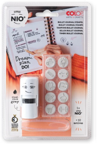 Colop Little NIO Rundstempel – Bullet Journal, selbstfärbend, 10 Motive, Ø 17 mm, Kissen grau