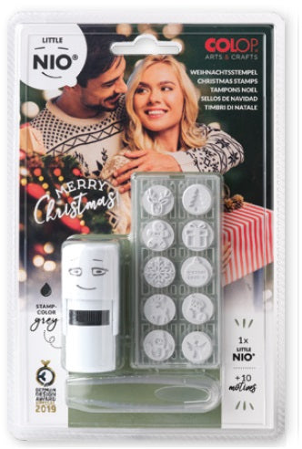 Colop Little NIO Rundstempel – Weihnachten, selbstfärbend, 10 Motive, Ø 17 mm, Kissen grau, Englisch