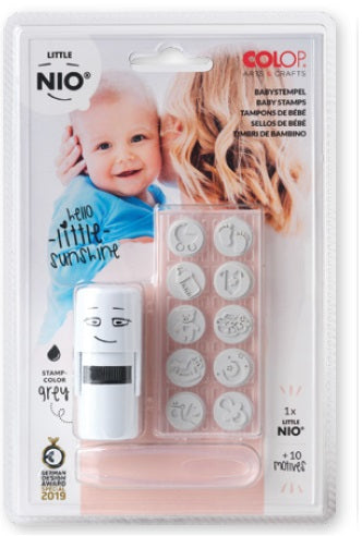 Colop Little NIO Rundstempel – Baby, selbstfärbend, 10 Motive, Ø 17 mm, Kissen grau