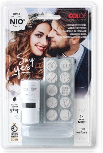 Colop Little NIO Rundstempel – Hochzeit, selbstfärbend, Ø 17 mm, Kissen grau, Englisch