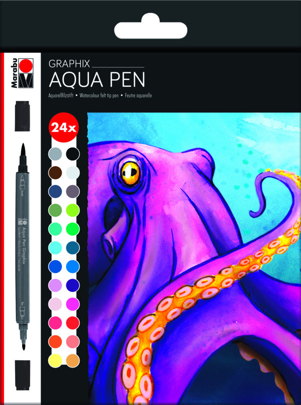 Marabu Aqua Pen Graphix Filzstift, Doppelspitze – Feine Spitze, wasservermalbar, 24 Farben