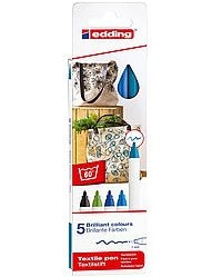 Edding Textilmarker für Textilien – sortiert (schwarz, blau, hellblau, hellgrün, orientblau), 5er Pack