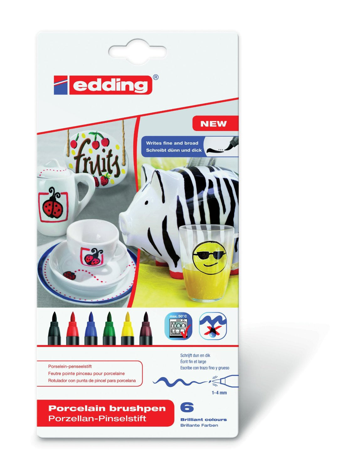 Edding Porzellan-Pinselstifte, Strichbreite 1–4 mm, wasserfest, 6 Farben