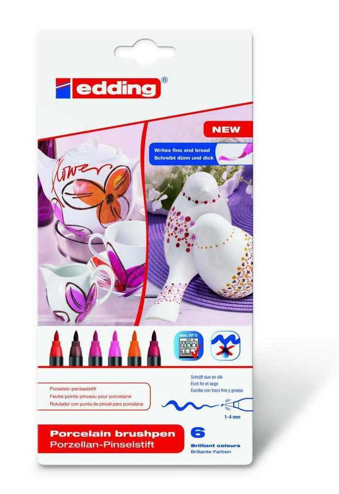 Edding Porzellan-Pinselstifte für Porzellan, Keramik und ofenfestes Glas – sortiert, 6er Set