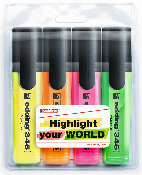 Edding Textmarker – 4er Set, Farben: Grün/Orange/Pink …, Keilspitze