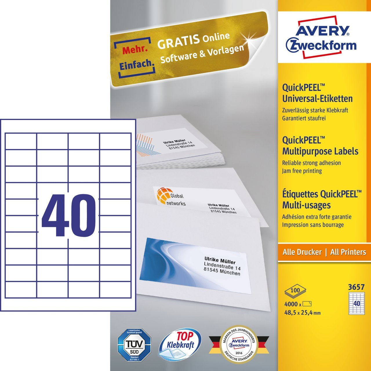 Avery Haftetiketten, 48,5 mm × 25,4 mm, weiss, Papier, permanent, 4000 Stk. (100 Blatt)