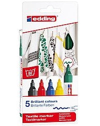 Edding Textilmarker – Pinselspitze, 2–3 mm, wasserbasiert, wasserfest, 5 Farben