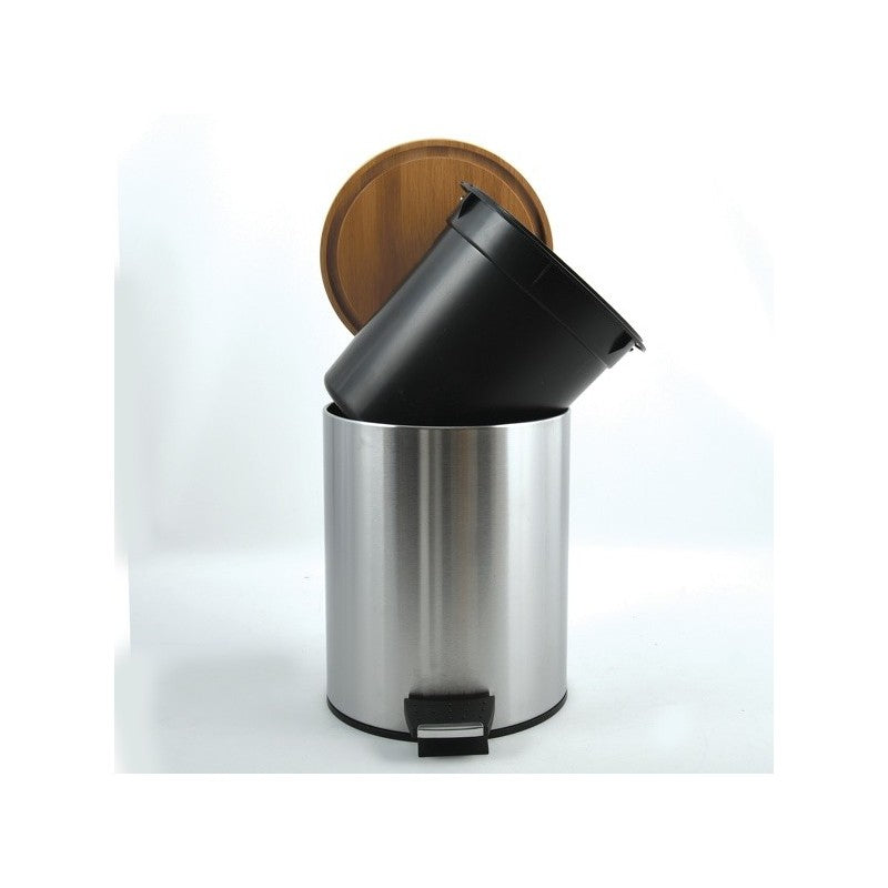 Spirella Tisch-Abfallbehälter – 3 l – mit Deckel – Edelstahl, Bambus – Ø 170 × H 225 mm