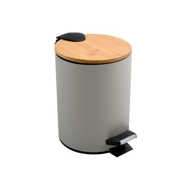 Spirella Papierkorb – 5 L – mit Deckel, Stahl, Bambus, Grau – Ø 205 × H 255 mm
