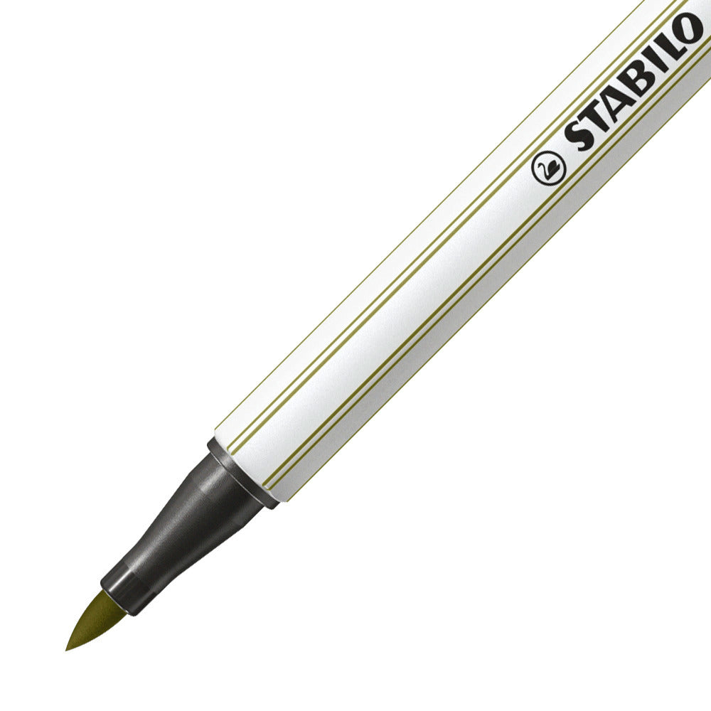 STABILO Pen 68 Brush Fasermaler – Pinselspitze, 1 mm, wasservermalbar, Schlammgrün
