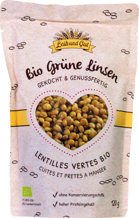 Leib und Gut Gekochte grüne Linsen – Bio, vegan – 120 g