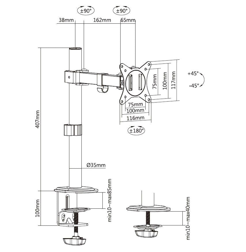 Equip 650156 – Monitorarm Tischhalterung – Klemme/Durchführung – 1 Monitor – 17–32″ – VESA 75×75/100×100 mm