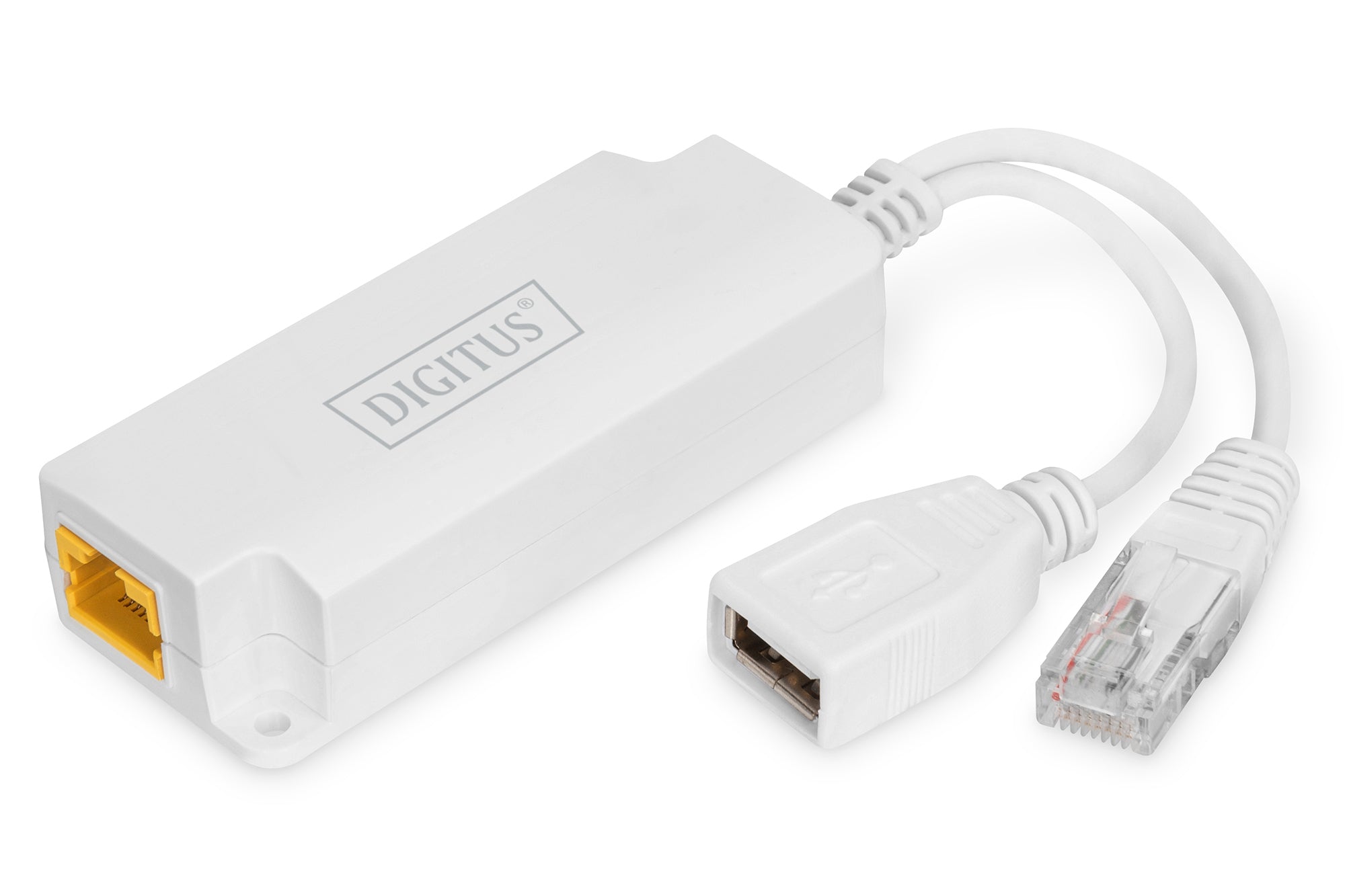 Digitus PoE-Splitter RJ-45 zu USB-A – PoE+ (IEEE 802.3at), 10/100 Mbit/s, 5 V/2,5 A, 0,124 m – Weiss