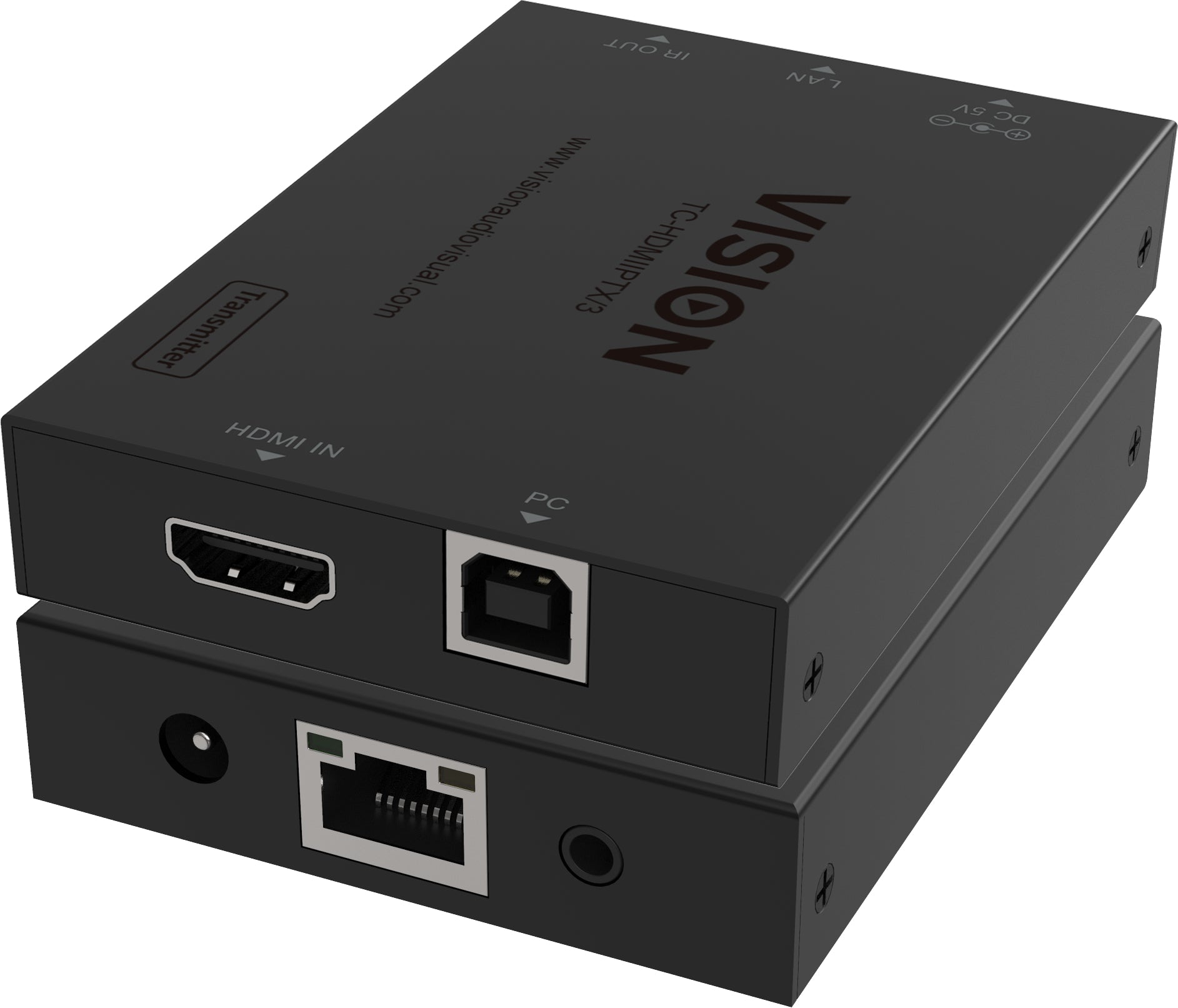 Vision HDMI-Sender, über IP, 1× RJ‑45 Eingang, USB‑A/USB‑B, WUXGA@60 Hz, IR, HDCP 1.4, H.265, Schwarz