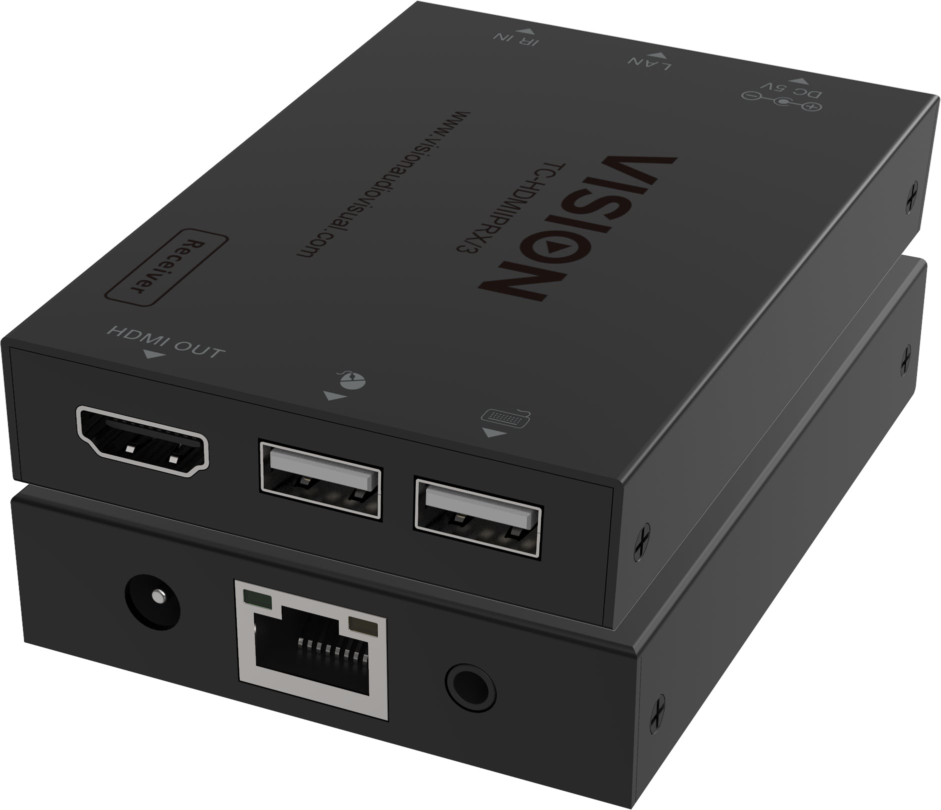 Vision HDMI-Sender, über IP, 1× RJ‑45 Eingang, USB‑A/USB‑B, WUXGA@60 Hz, IR, HDCP 1.4, H.265, Schwarz