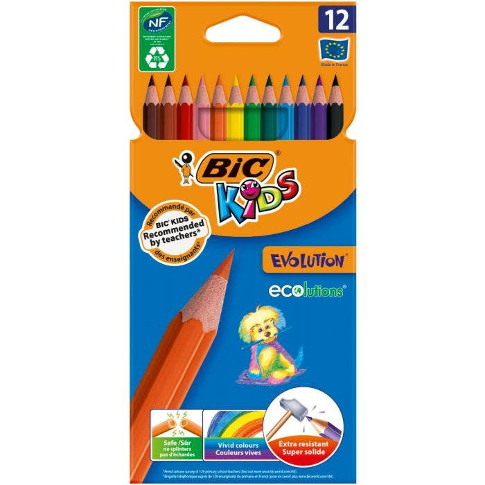 BIC Farbstifte Evolution Kids – 12 Farben, im Kartonetui, Kunstharz, Ø 3,2 mm, NF Environment