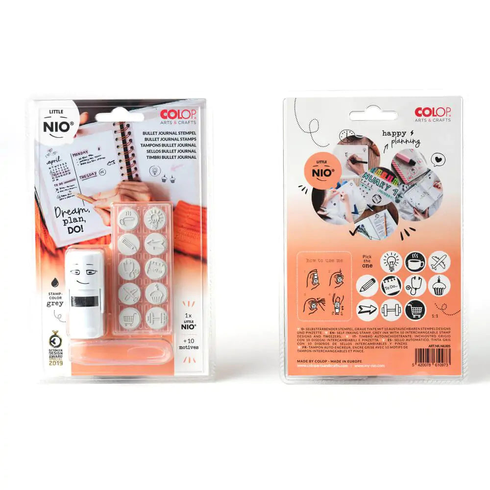 Colop Stempel-Set – Buju (Little Nio) – 1 Stempel, 10 Motive, 1 Stempelkissen Grau – selbstfärbend