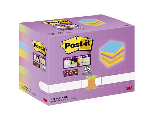 3M Post-it Super Sticky Haftnotizen – 47,6×47,6 mm – sortiert, 16×90 Blatt, PEFC