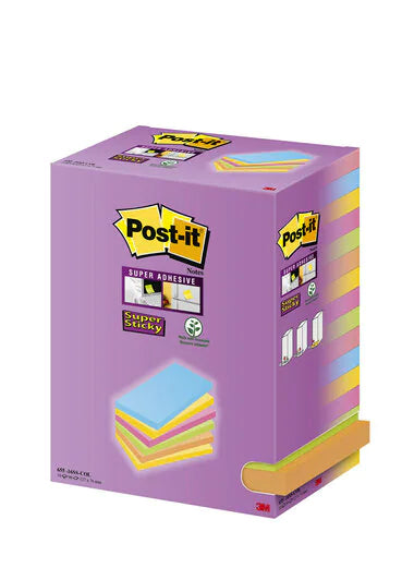 3M Post-it Super Sticky Haftnotizen – 127×76 mm – sortiert, 16×90 Blatt, PEFC