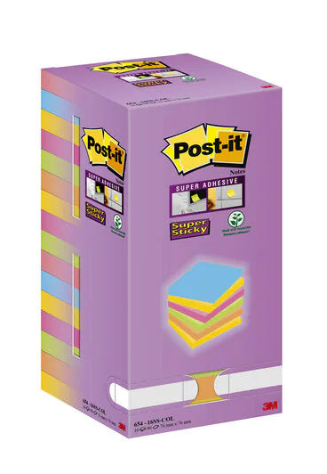 3M Post-it Haftnotizen Super Sticky – 76×76 mm – sortiert, 16×90 Blatt, PEFC