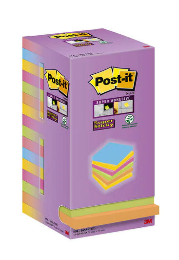 3M Post-it Haftnotizen Super Sticky – 76×76 mm – sortiert, 16×90 Blatt, PEFC