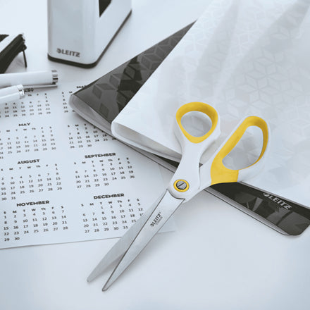 Leitz WOW Schere 20,5 cm, spitz, für Rechtshänder – Edelstahl, titanbeschichtet, Softgrip, Weiss/Gelb