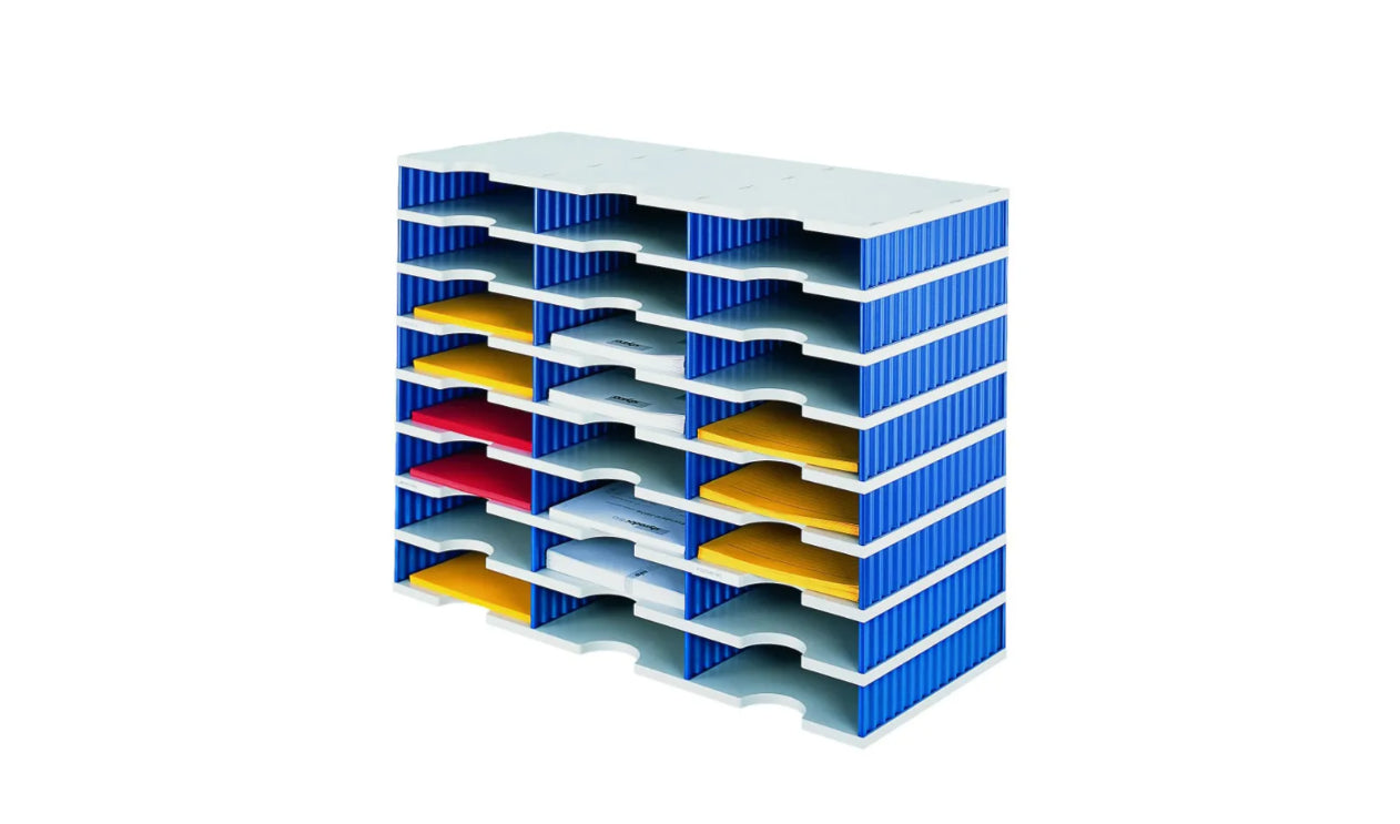 Styro Briefkorb – für C4, 24 Fächer, stapelbar, mit Griffausschnitt, blau/grau, B 723 × H 573 × T 331 mm